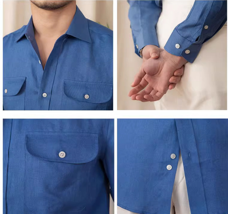Business Gentry Casual Pure Linen Long Sleeve Shirt in Blue, White, Picklesgreen - M to 3XL