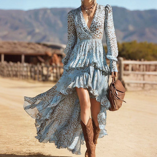 فستان ماكسي نسائي مطبوع بياقة على شكل حرف V وأكمام طويلة من الدانتيل