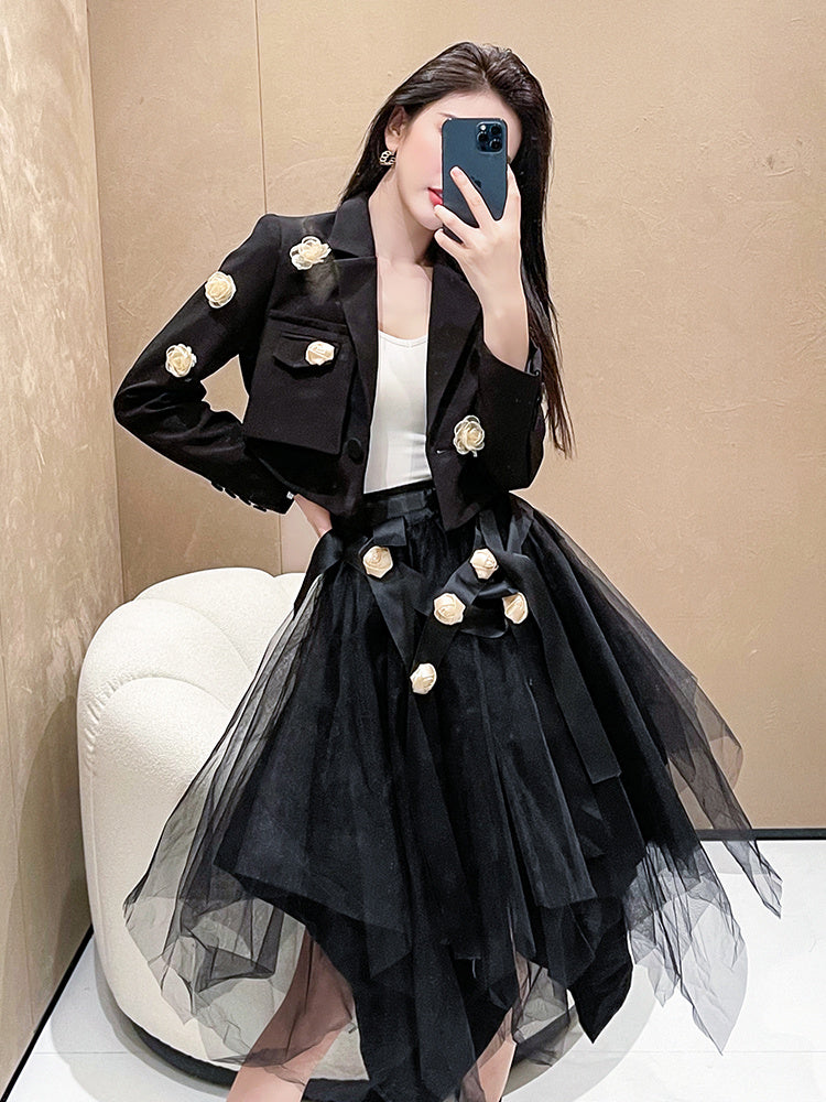 Two-Piece Black Women's Skirt Suit with V-Neck Coat and Irregular Puff Skirt, Sizes S-XL