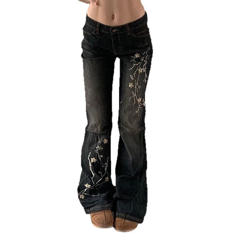 Retro Chinese Plant Flower Embroidery Washed Wear-white Low Waist Straight Skinny Jeans