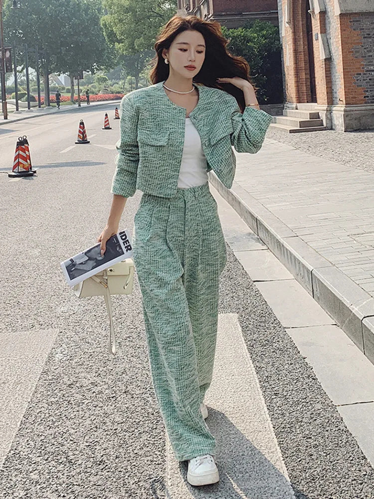 Green Acrylic Casual Suit for Women Autumn Flight Sleeve S-XL