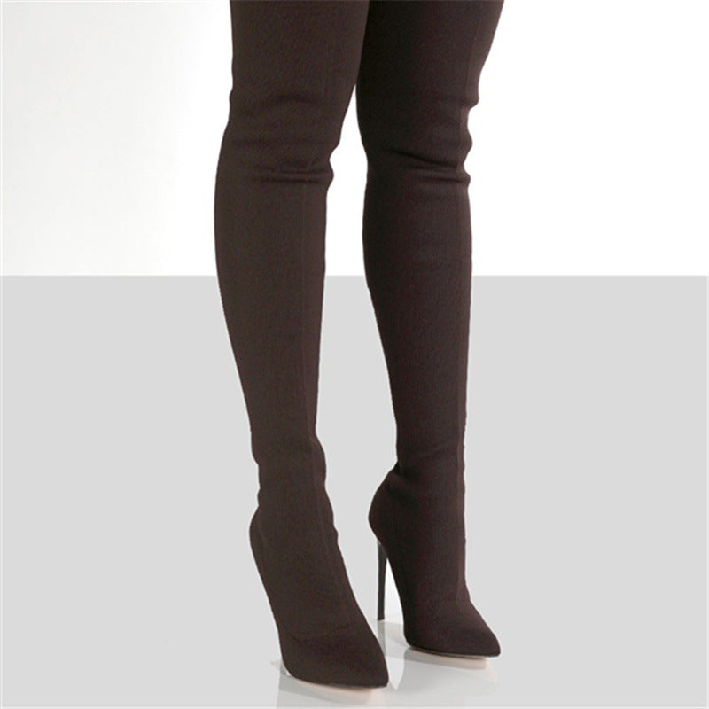 Women's Over-the-Knee High-Heel Knit Boots with Thick Heel