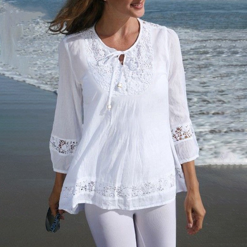 Cotton Linen Lace 3/4 Sleeve Loose Women's Top T-Shirt