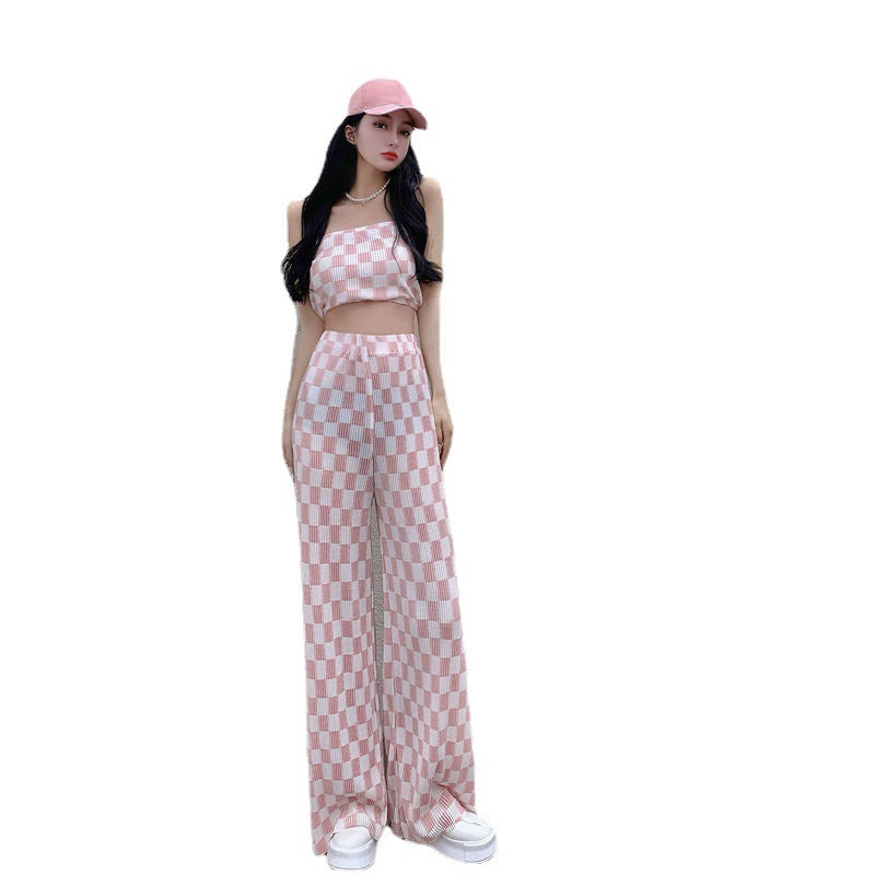 Ensemble deux pièces pantalon large plissé à carreaux et crop top bandeau