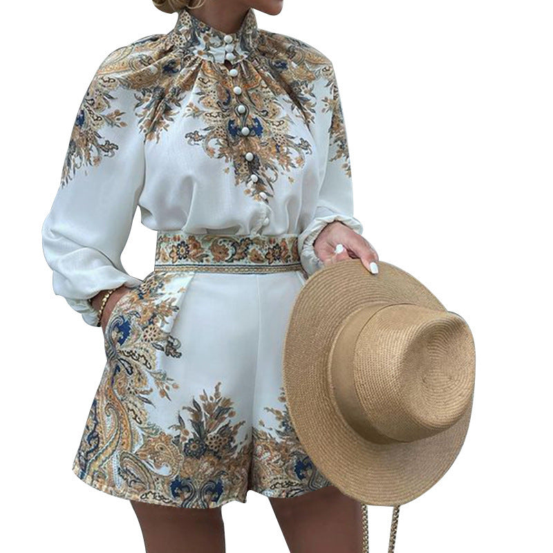 Women's Printed Long-Sleeve Top & Shorts Set