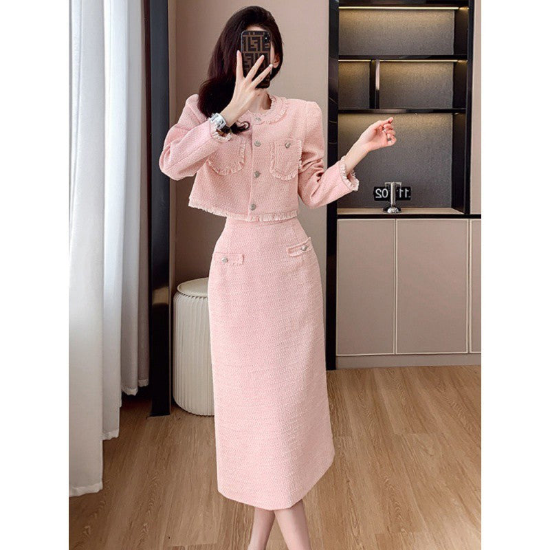 Ensemble jupe longue taille haute rose classique en laine pour femme S-XL