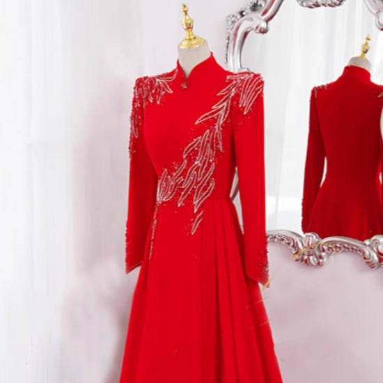 Robe de soirée longue rouge à manches longues pour femmes