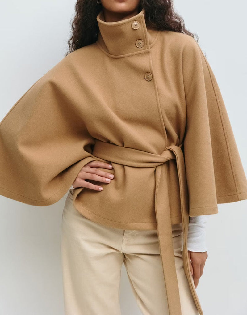 Trench-coat d'hiver pour femme avec ceinture, col montant et boutons, couleur unie