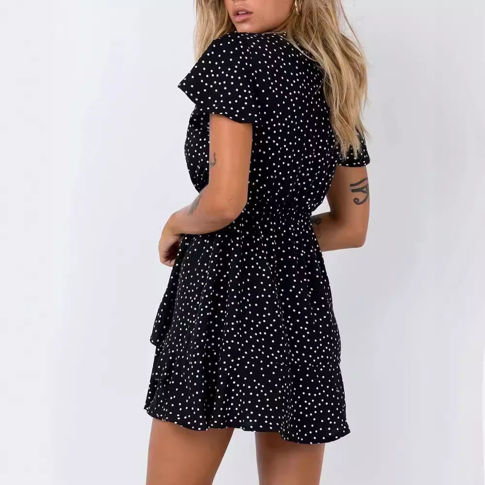 V-Neck Black Polka Dot Slimming Dress with Wide Waist