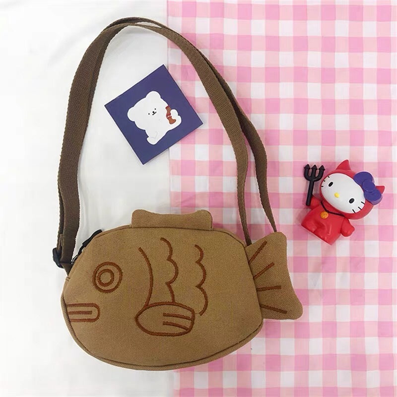 Brown Canvas Medium Round Messenger Bag With Wide Personality Fish Design