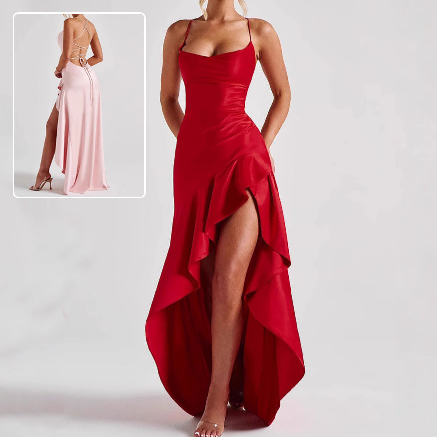 Robe longue bustier asymétrique à volants pour femme, sans manches, fendue, pour l'été, soirée, club