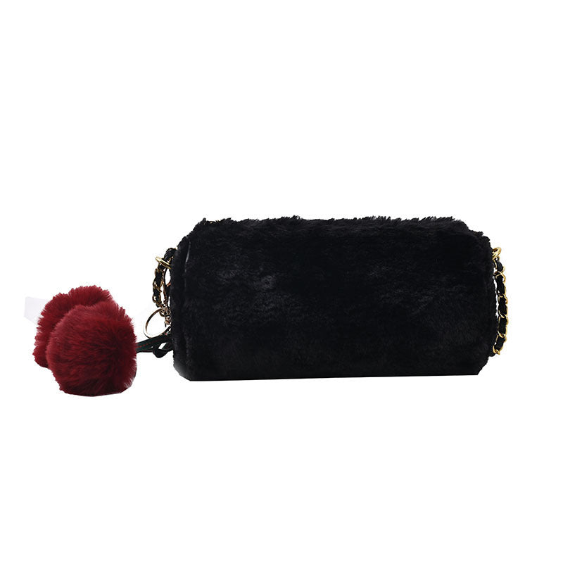 Winter Plush Cylinder Baguette Bag with Cherry Metal Chain