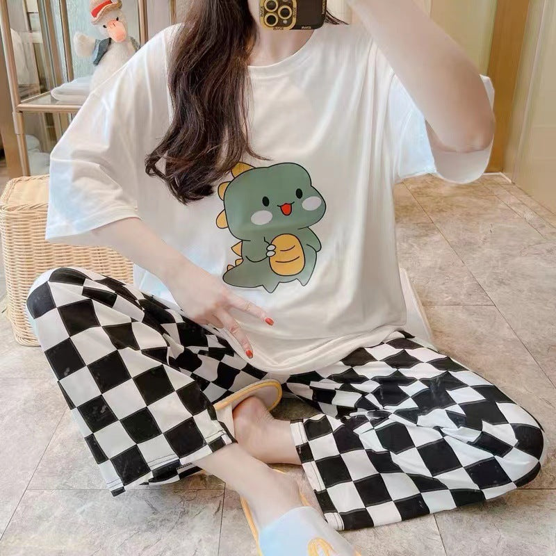 Ensemble de pyjama d'été pour femme à manches courtes et motif dessin animé avec pantalon, Tailles M-XXL