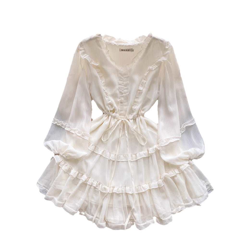 V-Neck Lace-Up High Waist Slimming Puff Sleeve Dress in Apricot