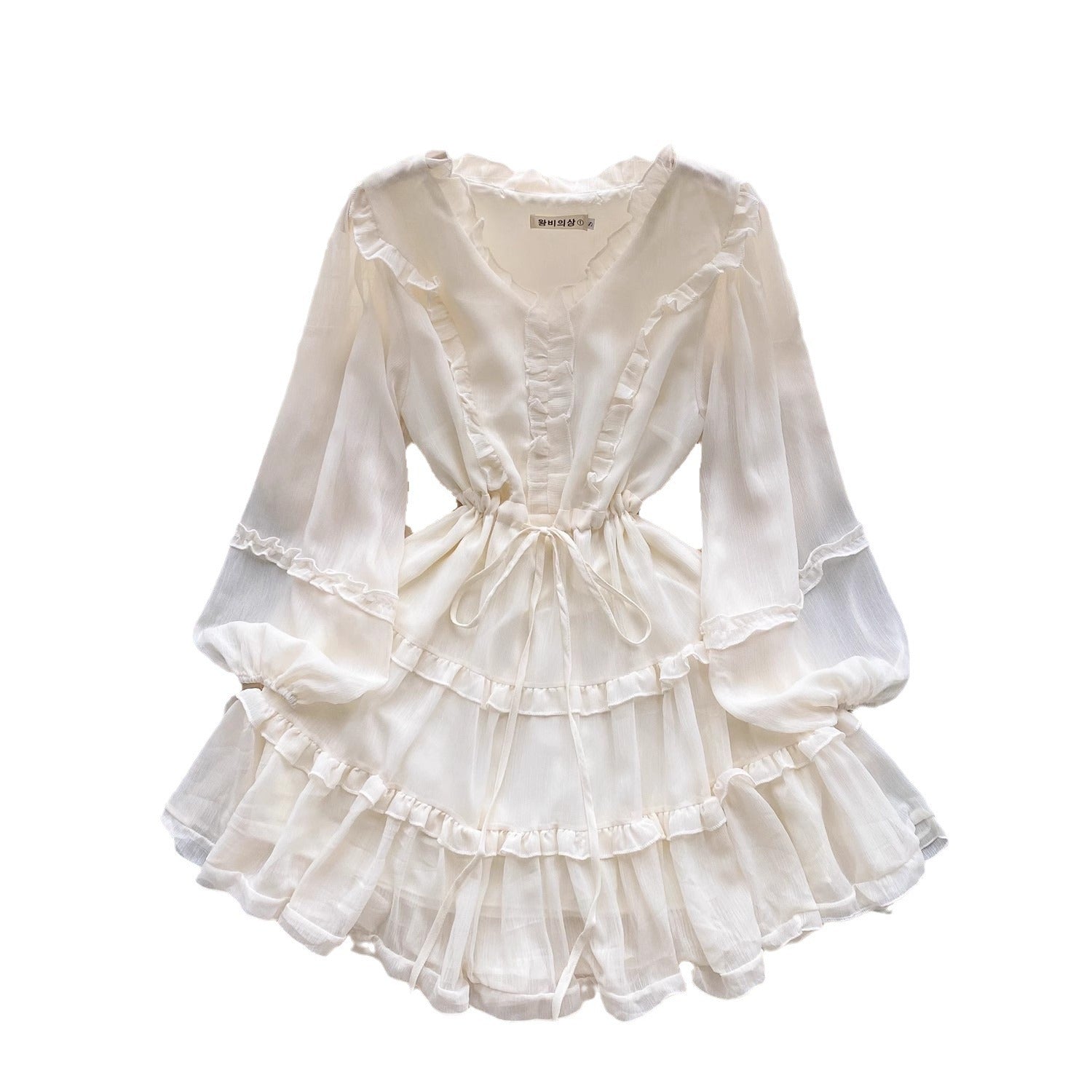 V-Neck Lace-Up High Waist Slimming Puff Sleeve Dress in Apricot