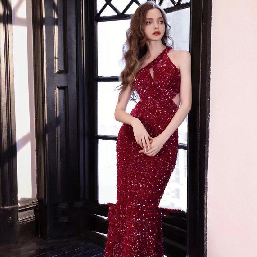 Long Sleeve Fishtail Dress in Wine Red & Black