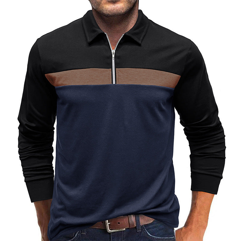 Men's Autumn Winter Lapel Colorblock Polo Shirt with Zipper Detail