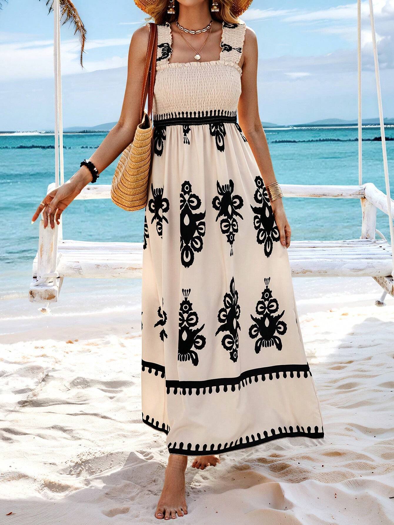 Holiday Style Printed Front Cross Mid-length Dress