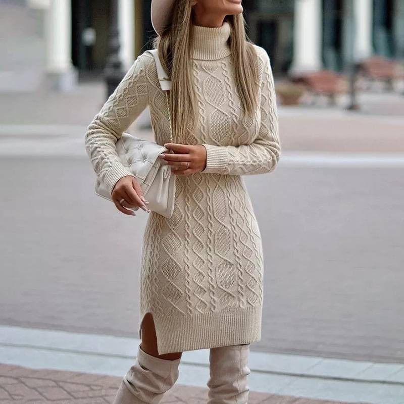 Fashion Turtleneck Knitted Pullover Dress With Slit Winter Warm Solid Color