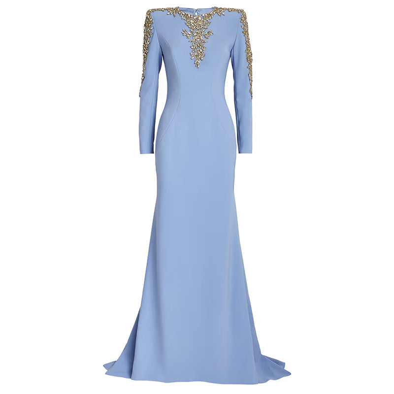 Sky Blue Heavy-Duty Beaded Diamond-Encrusted Petite Trailing Long Dress