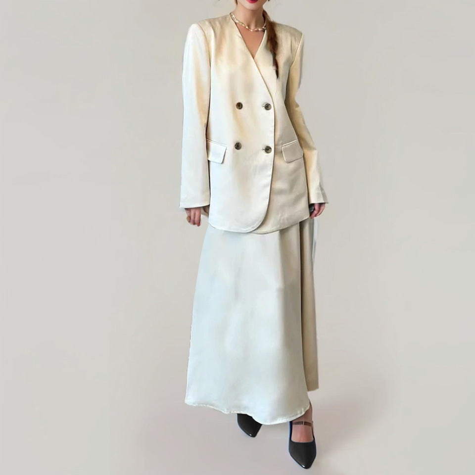 Double Breasted Women's Suit Jacket and Skirt Set in Solid Colors