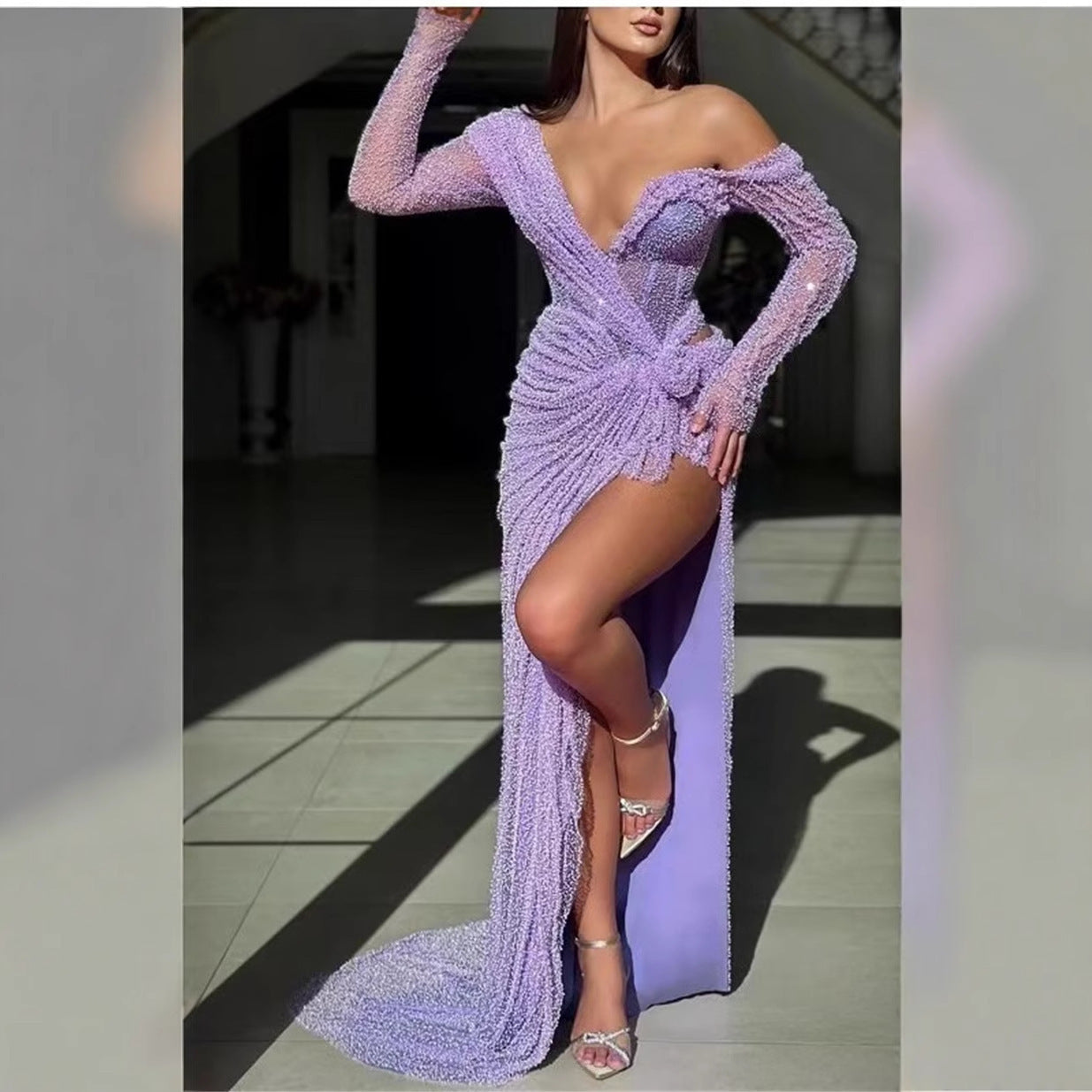 Women's Slim Fit Lavender Purple Long Slit Dress