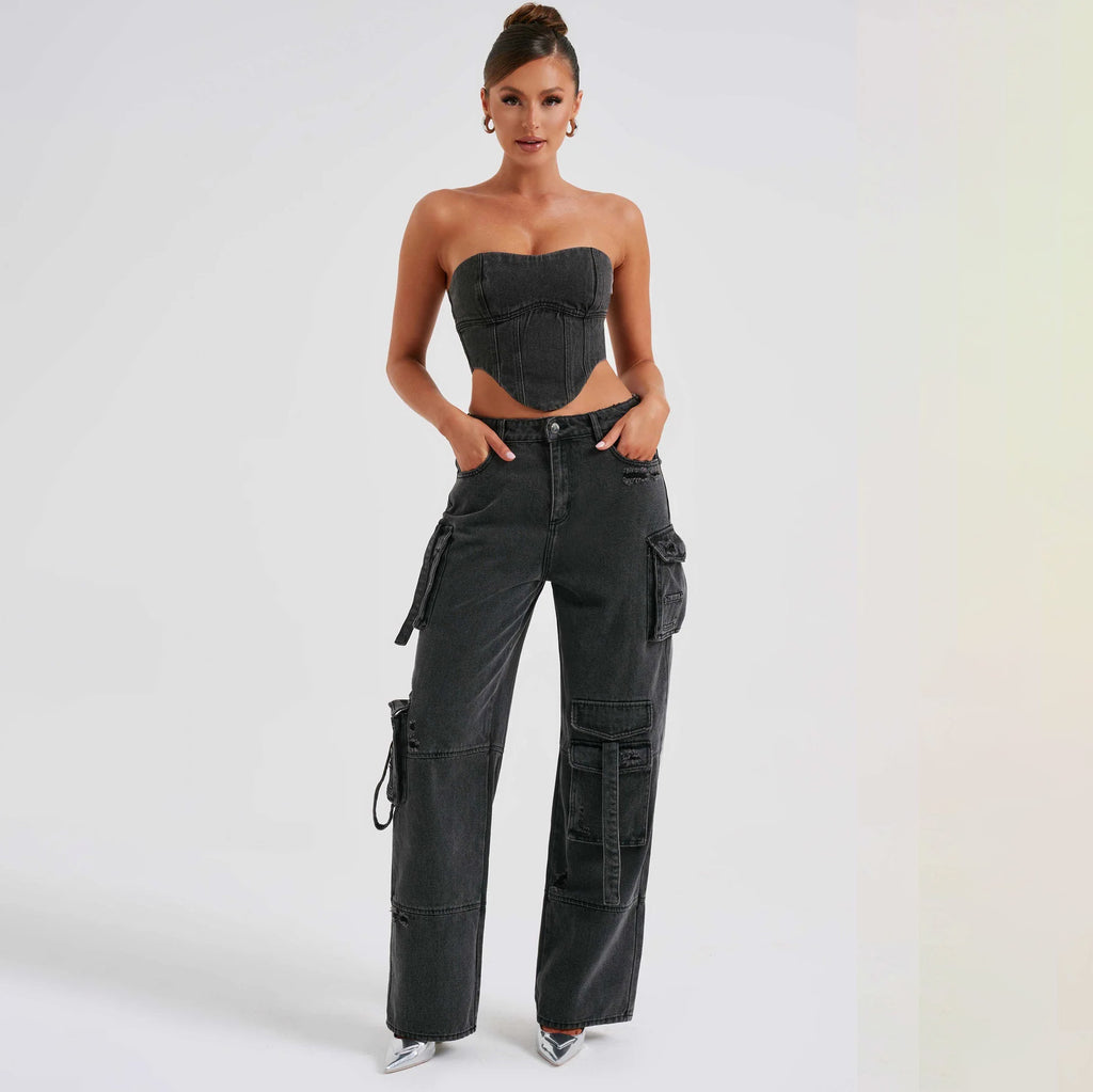 Jean taille basse ample pour femme avec poches et haut