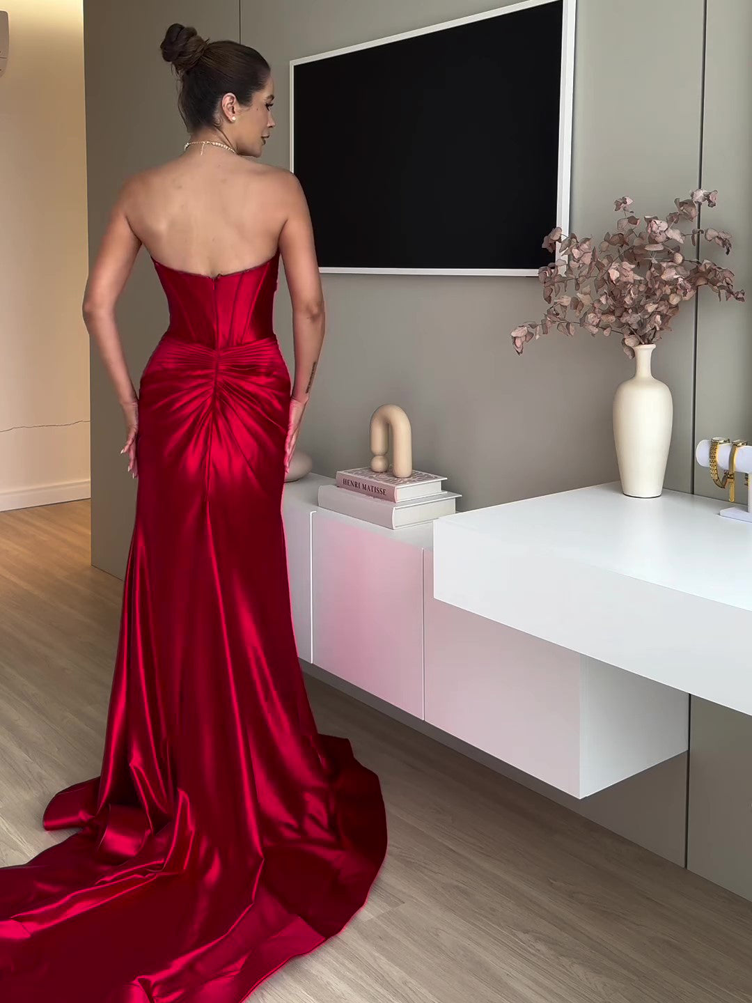 Red Tube Top Slit Extra Long Evening Dress