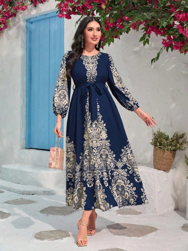 Women's Retro Printed Lantern Sleeve Long Dress with Elastic Waist