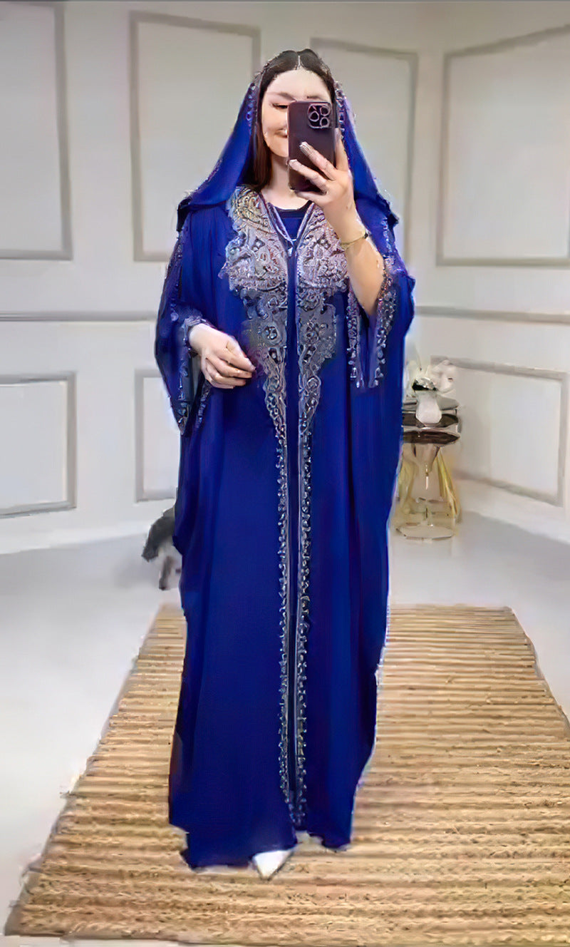Rhinestone Beaded Muslim Hooded Long Gown Dress