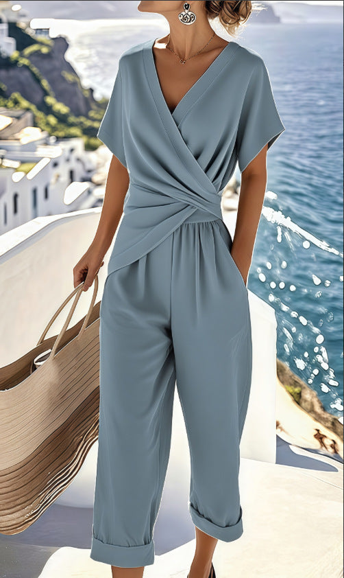 Women's Two-Piece Summer Suit Set Solid Color Irregular Short Sleeve