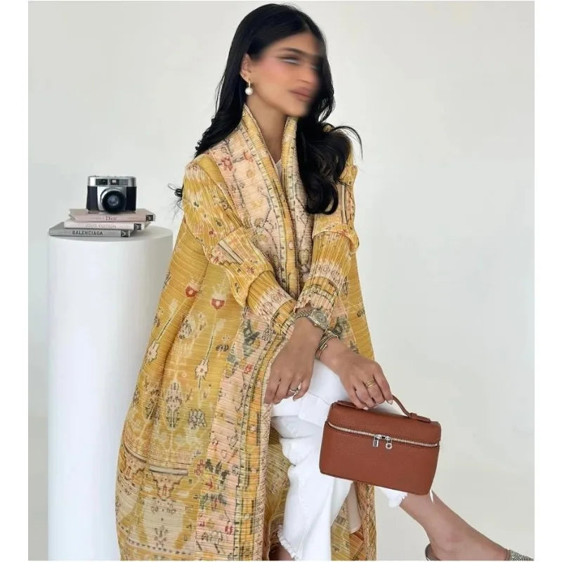 Women's Pleated Chic Middle East Abaya Printed Shawl Cardigan