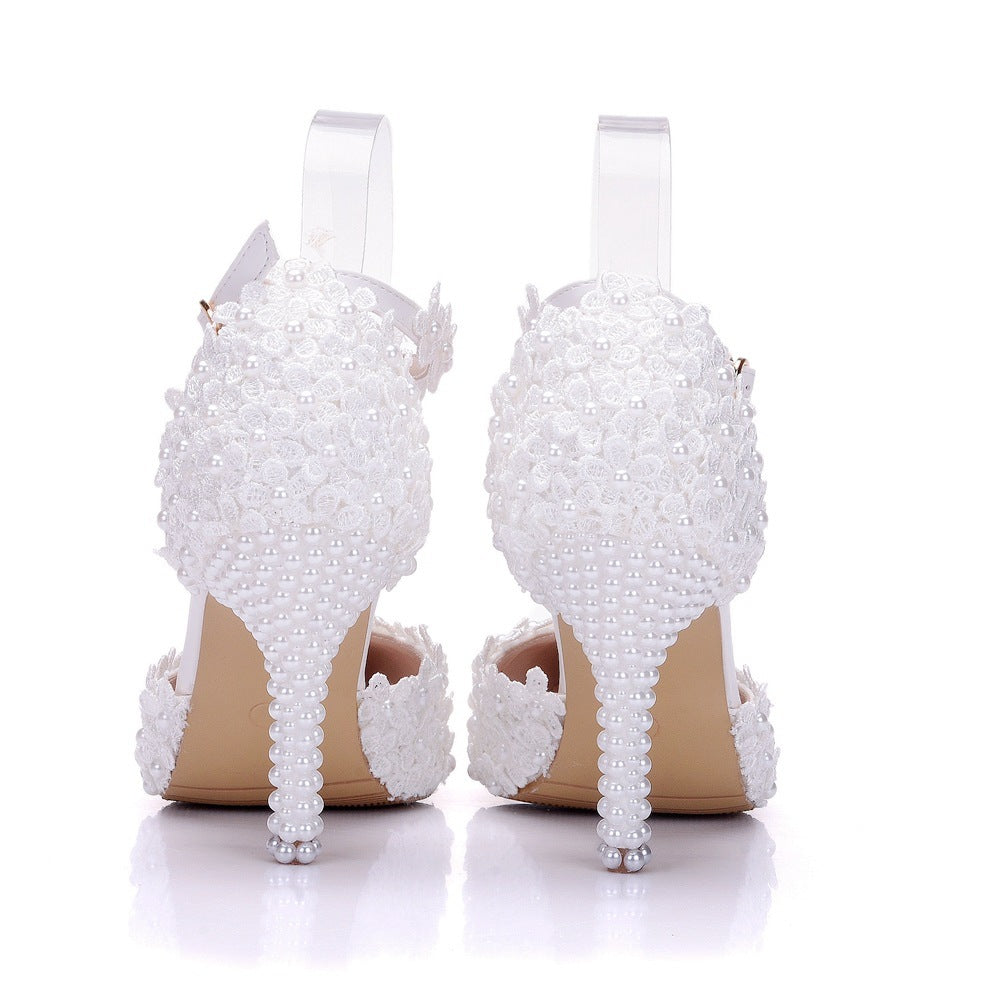 White Pointed Toe Stiletto Heel Lace Wedding Sandals