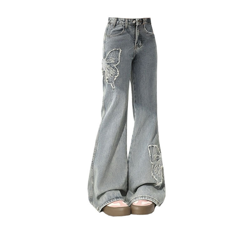 Vintage Embroidered Butterfly High-Waist Denim Jeans Straight & Wide Leg Pants