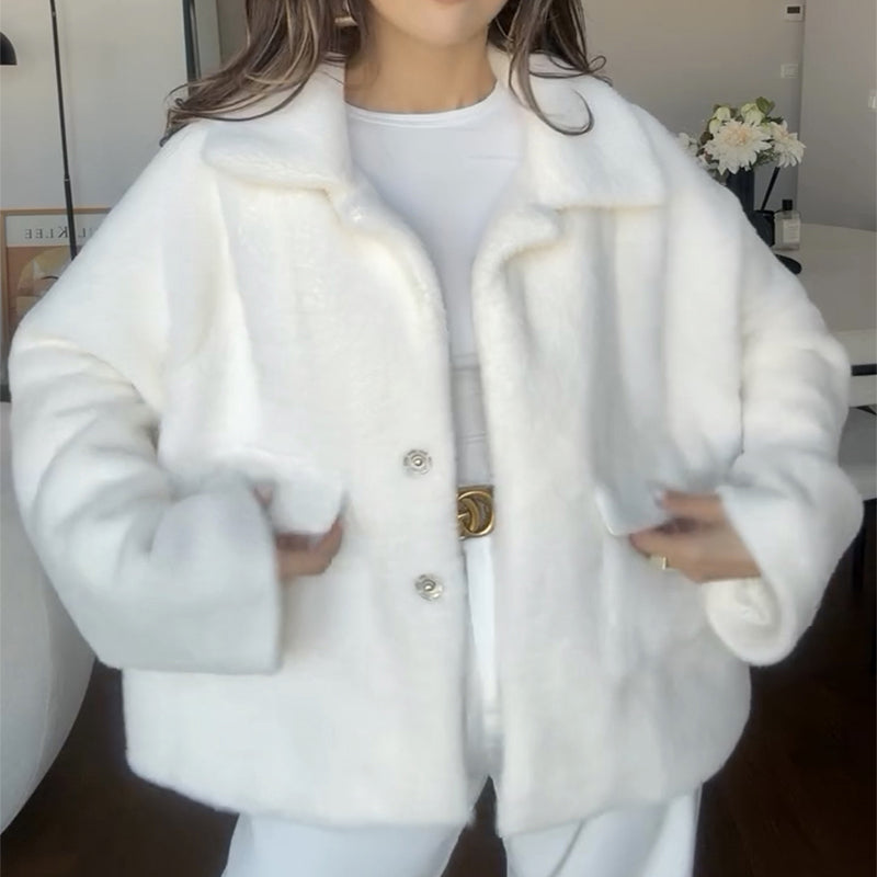 Loose Lapel Single-Breasted Furry Fleece Coat Long Sleeve Plush Jacket for Women