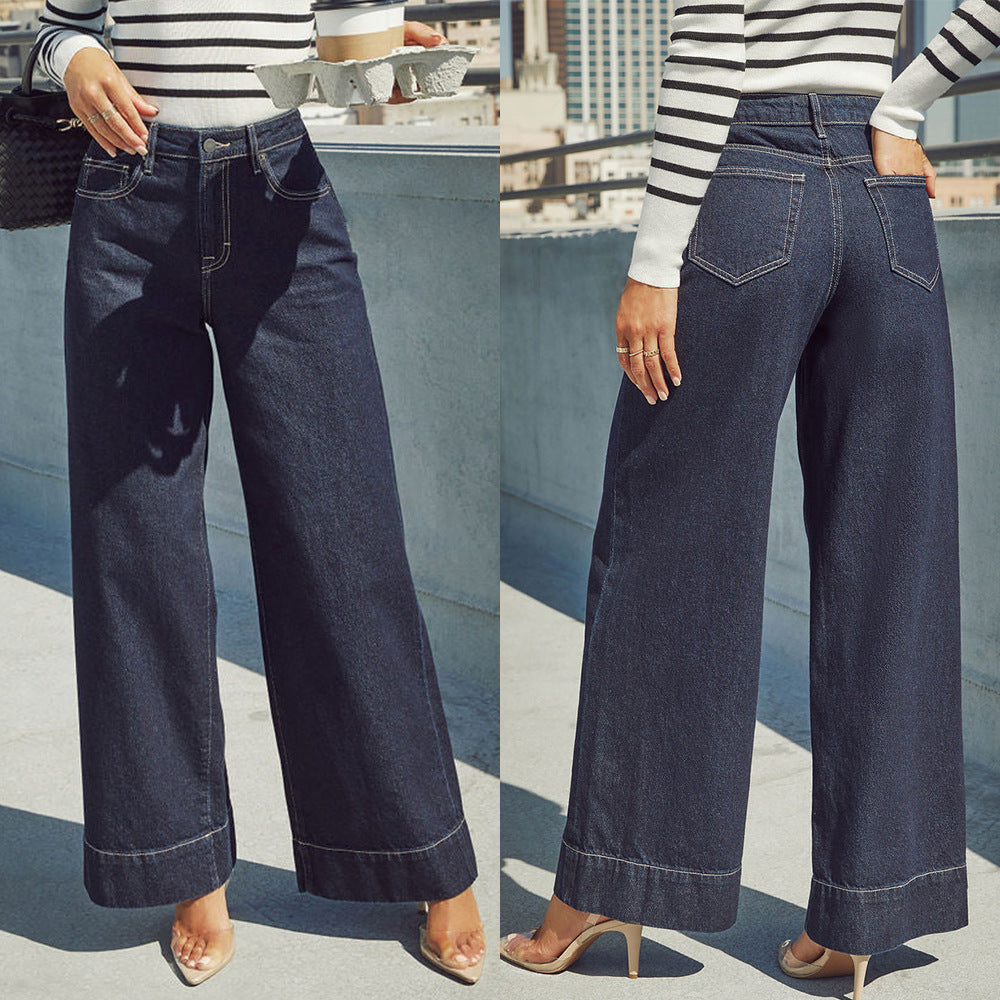 High Waist Dark Blue Wide Leg Jeans for Women