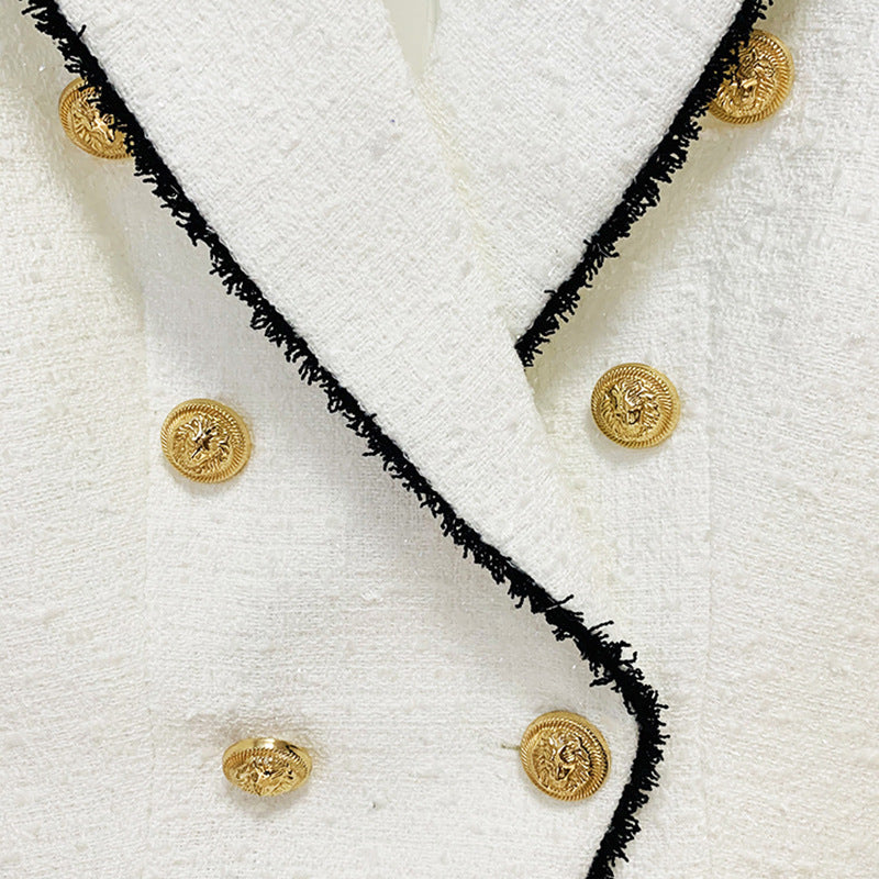 جاكيت بدلة صوفية مزينة بشراشيب، مزدوجة الصدر، بقصة ضيقة