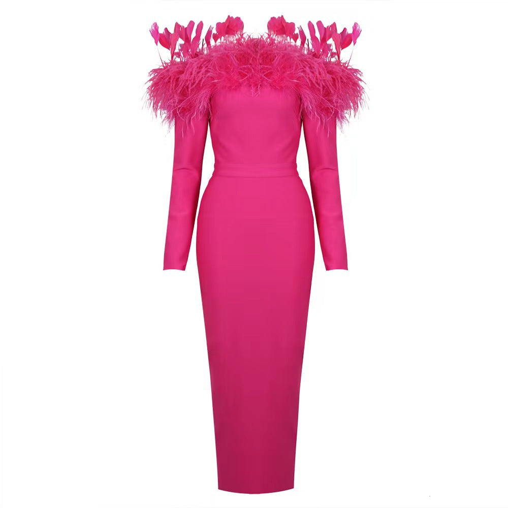 Summer Feather Long Sleeve Bandage One-Piece Dress