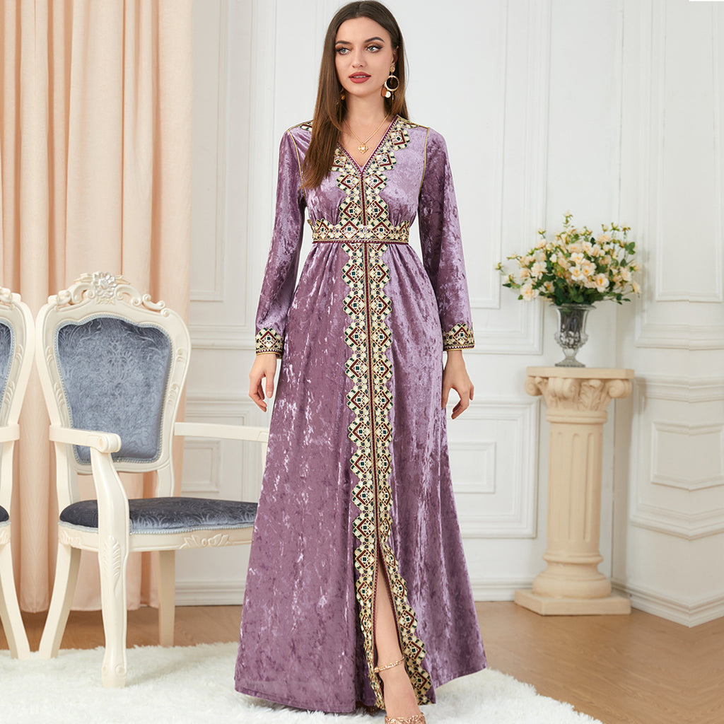 Robe en velours canari ample et ajustée à col en V et manches longues pour femme