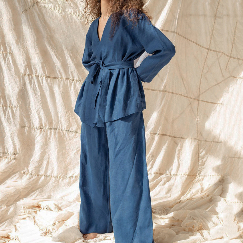 Cotton Linen Women’s Lace-Up Long Sleeve Pajama Set