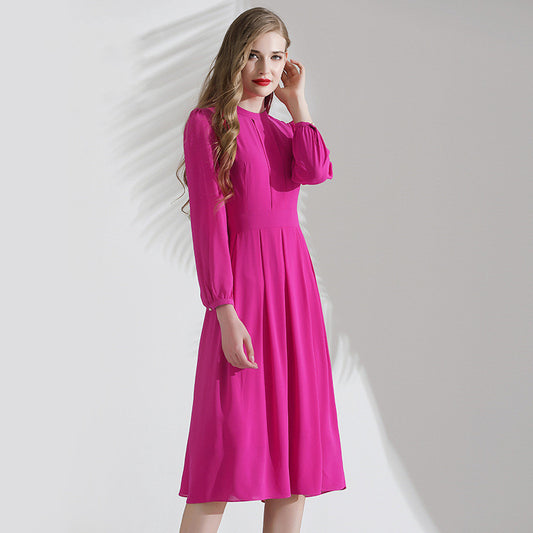 Elegant Women's Rose Long-sleeved French Chiffon Dress