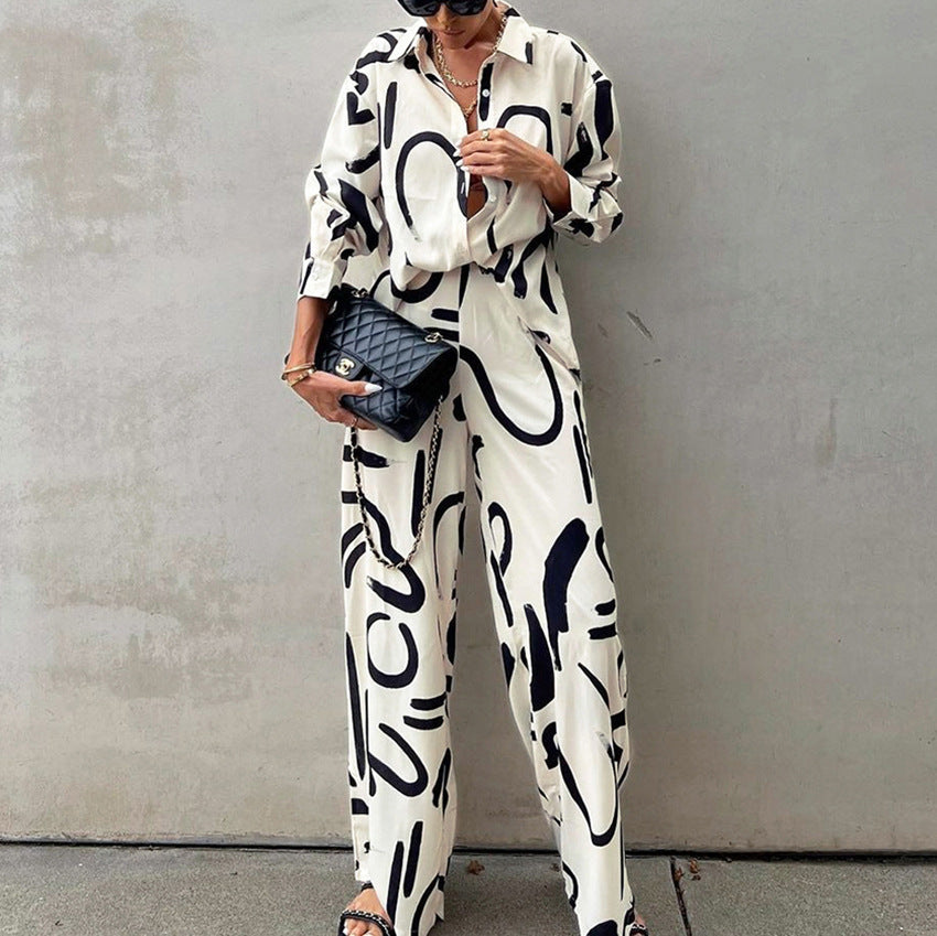 Ensemble chemise imprimée noir et blanc à manches longues et pantalon taille haute à jambes larges