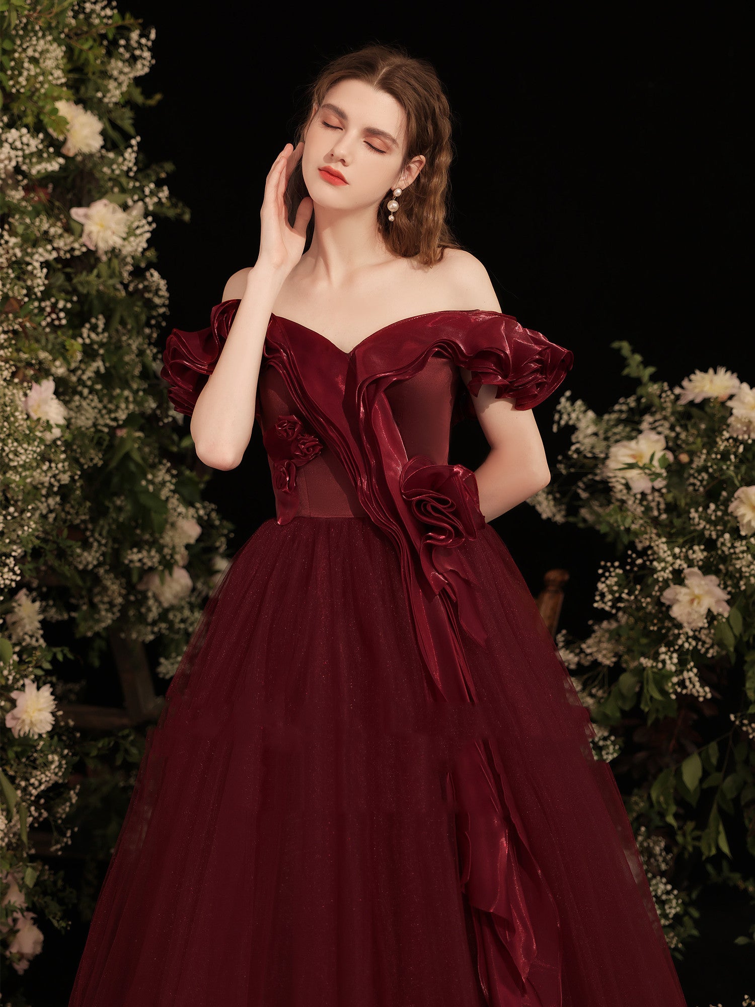 Grace Wine Red Off Shoulder Dinner Dress