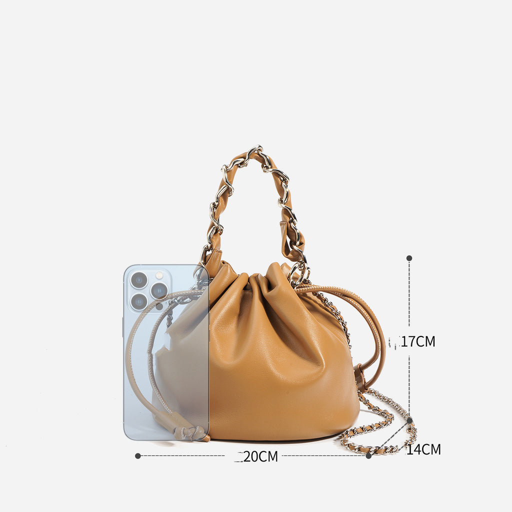 Women's Leather Drawstring Crossbody Bucket Bag - Adjustable Strap, Multiple Colors, 20x14x17cm
