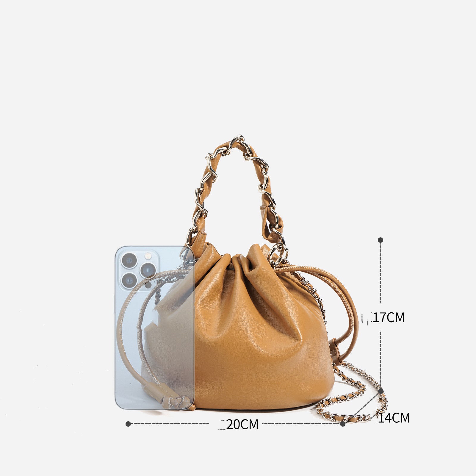 Women's Leather Drawstring Crossbody Bucket Bag - Adjustable Strap, Multiple Colors, 20x14x17cm