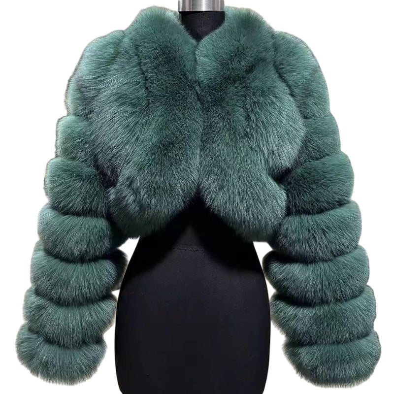 Ink Green Faux Fur Short Winter Jacket with Leather Stitching