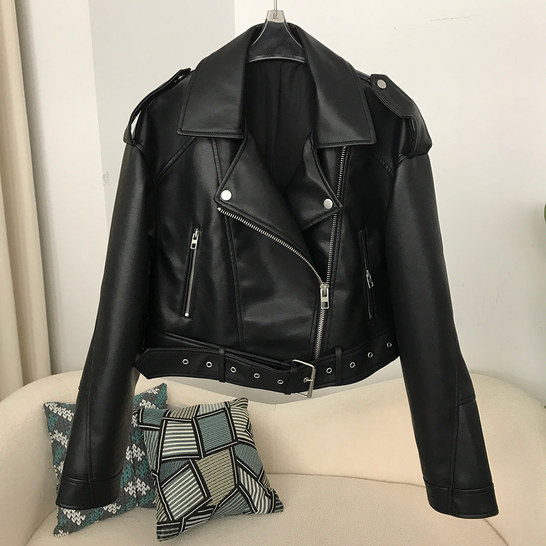 Veste en cuir lavé bicolore pour femme, style motard européen et américain, idéale pour le printemps et l'automne.