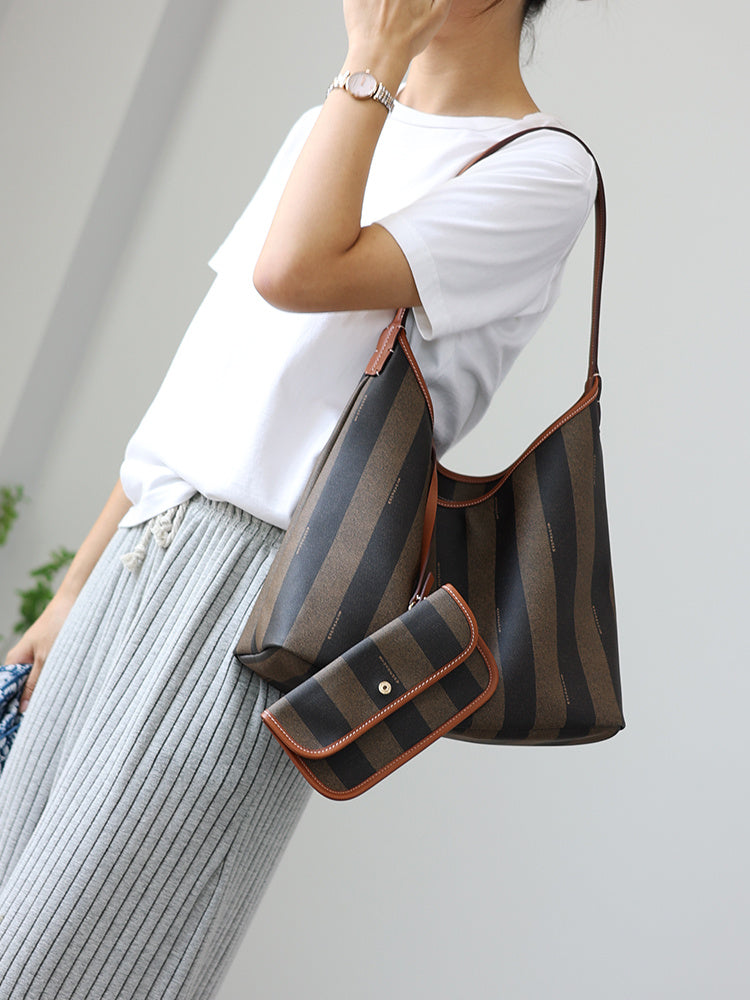 Head Layer Cowhide Soft Commuting Bag for Women with Retro Stripes