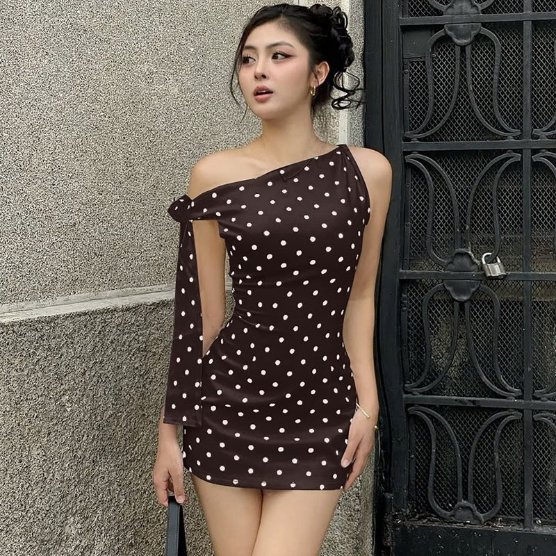 Fashion Sexy Polka Dot Print Oblique Shoulder Lace Up Slim Fit Hip Bag Dress