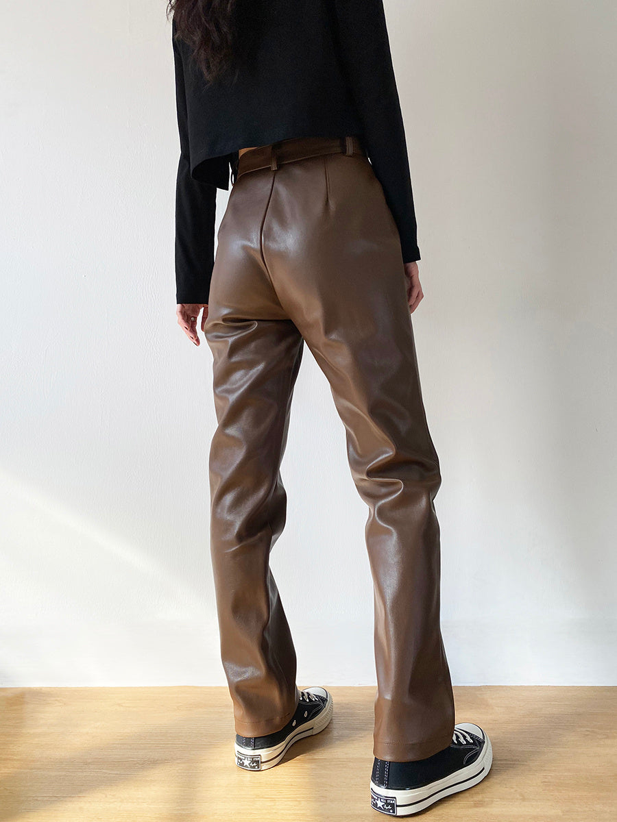 Brown PU Leather High Waist Slim Fit Straight Leg Pants with Cashmere